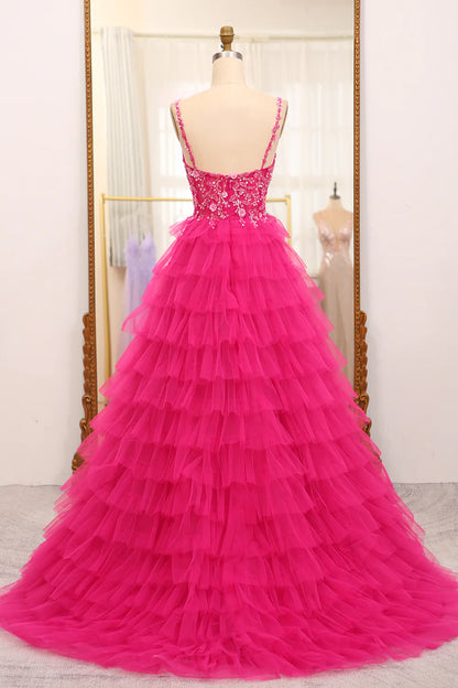 Amzcw Fuchsia A Line Sparkly Beaded Appliques Tiered Long Prom Dress With Slit long prom dresses with sleeves