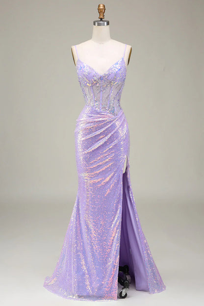 Amzcw Light Purple Mermaid Sparkly Corset Long Prom Dress with Slit