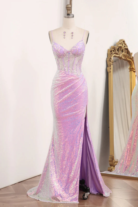 Amzcw Sparkly Light Purple Mermaid Backless Long Corset Prom Dress With Slit prom dresses with long sleeves