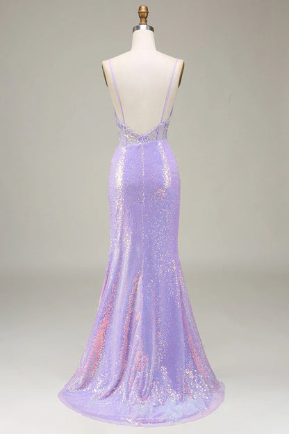 Amzcw Light Purple Mermaid Sparkly Corset Long Prom Dress with Slit