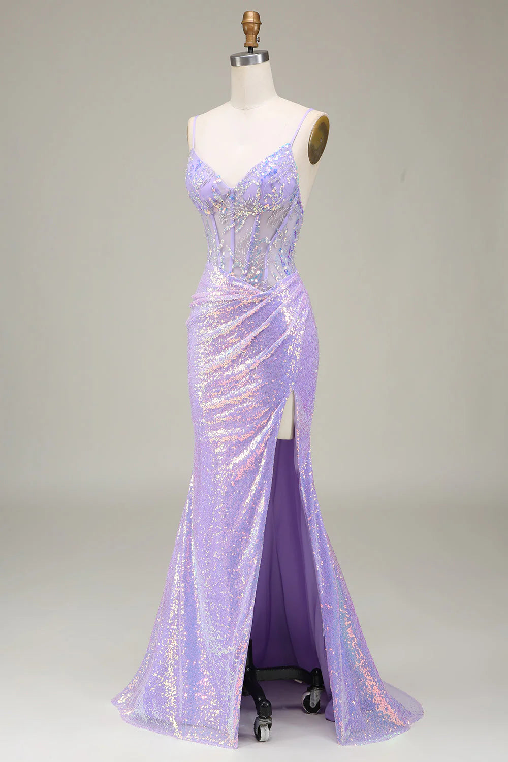 Amzcw Light Purple Mermaid Sparkly Corset Long Prom Dress with Slit