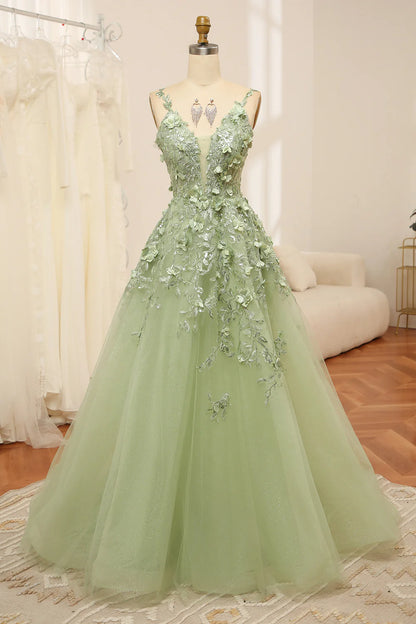 Amzcw Green A Line Spaghetti Straps Tulle Long Prom Dress With Appliques