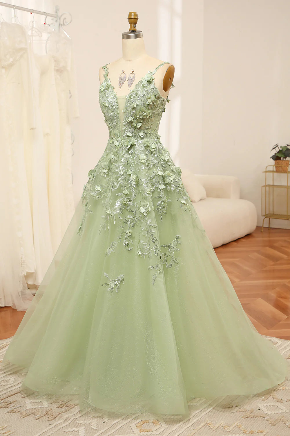 Amzcw Green A Line Spaghetti Straps Tulle Long Prom Dress With Appliques