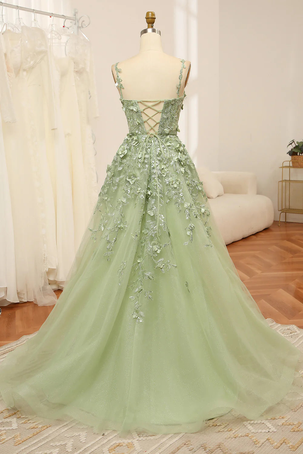 Amzcw Green A Line Spaghetti Straps Tulle Long Prom Dress With Appliques