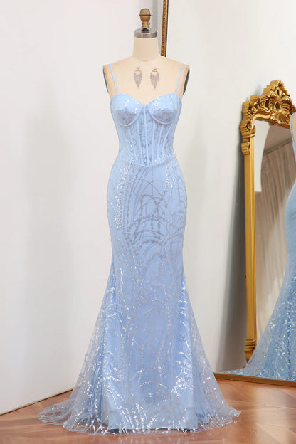 Amzcw Glitter Light Blue Mermaid Long Prom Dress With Sequined Appliques prom dresses with long sleeves