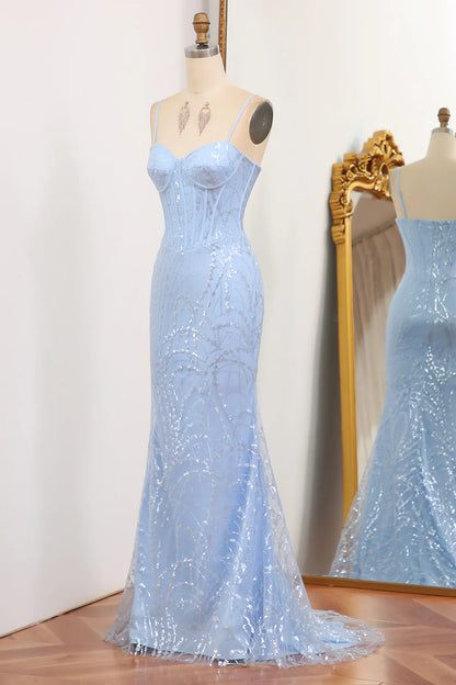 Amzcw Glitter Light Blue Mermaid Long Prom Dress With Sequined Appliques prom dresses with long sleeves