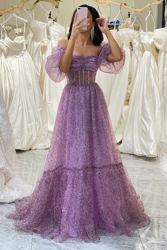 Amzcw Purple A-Line Square Neck Corset Prom Dress with Half Sleeves