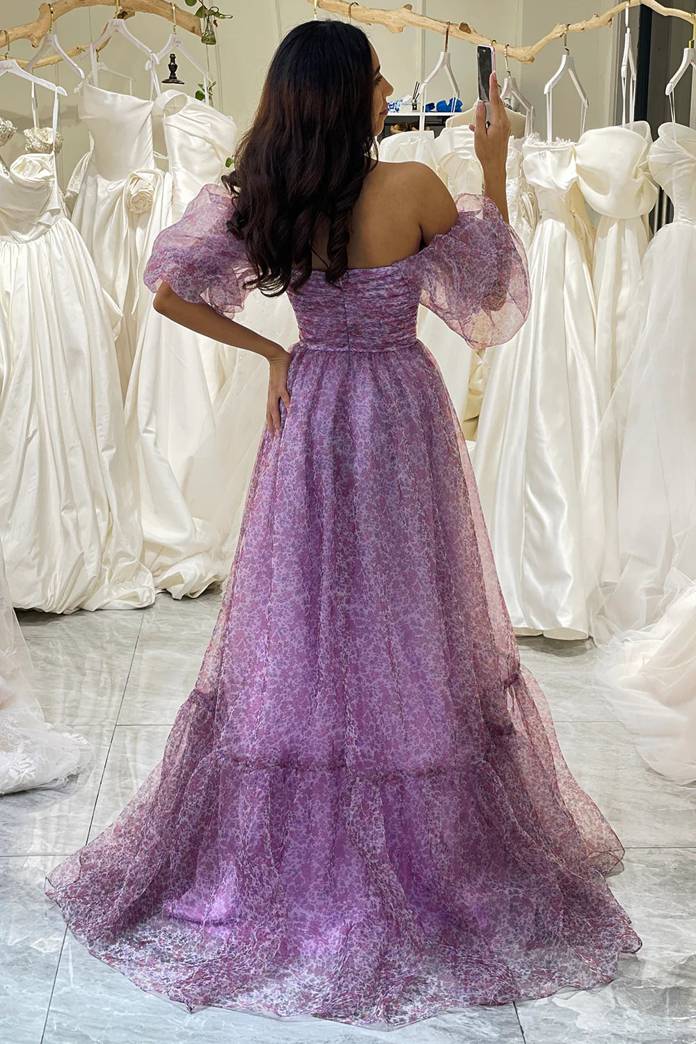 Amzcw Purple A-Line Square Neck Corset Prom Dress with Half Sleeves