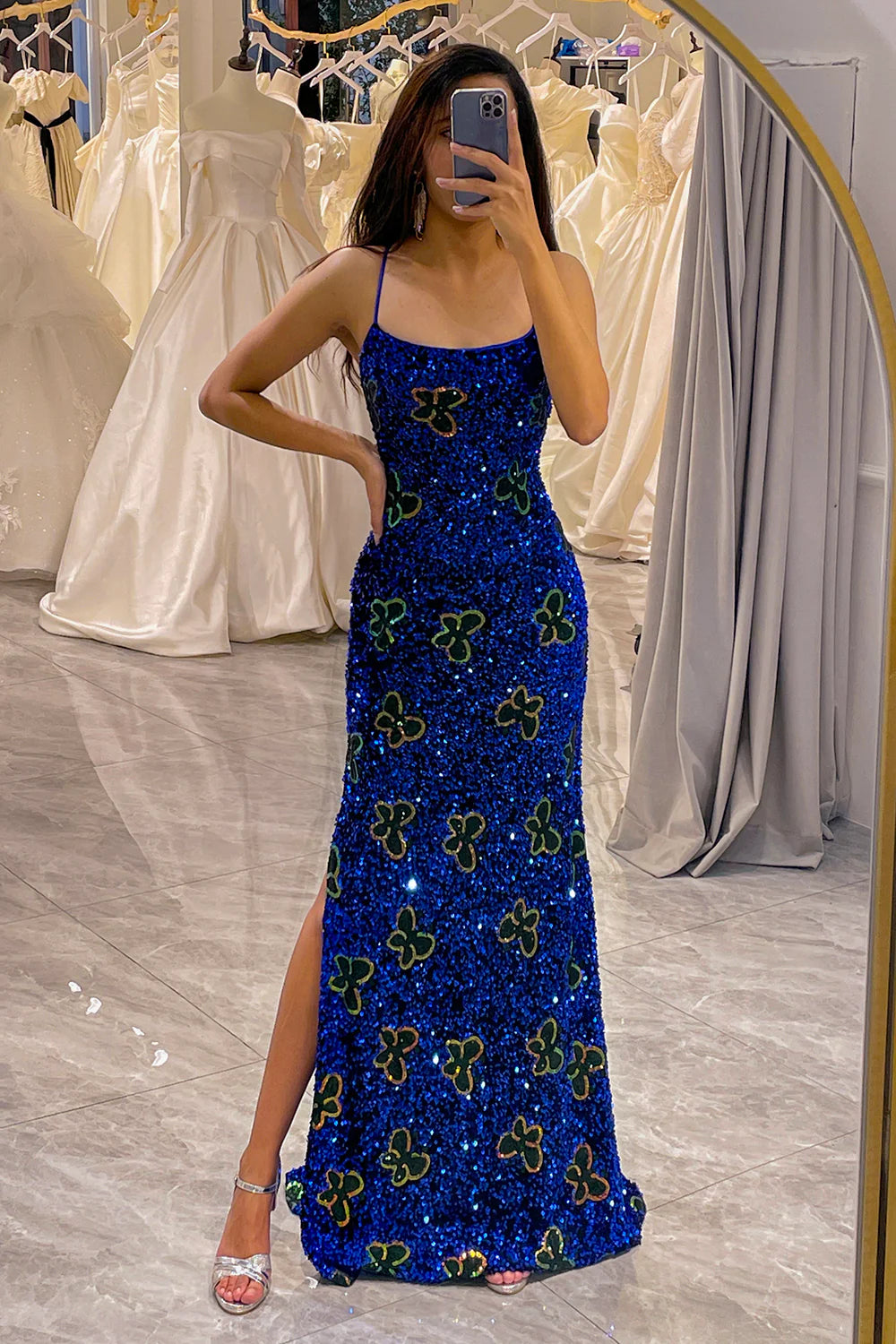 Amzcw Sparkly Royal Blue Mermaid Spaghetti Straps Sequin Prom Dress With Slit prom dresses with long sleeves