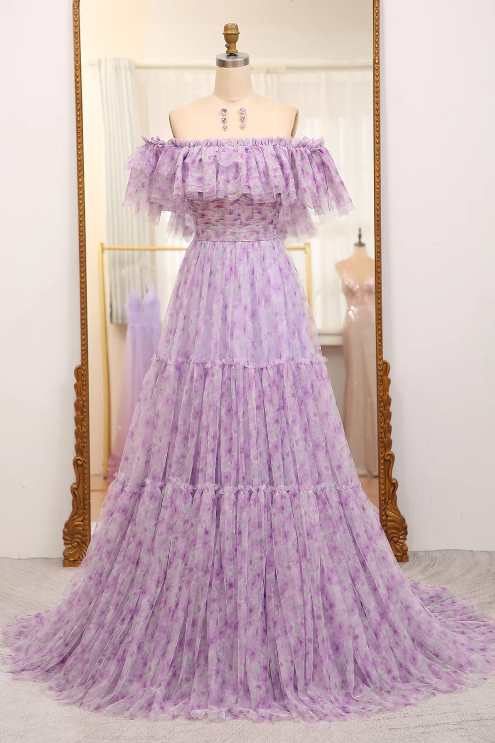 Amzcw Light Purple A Line Off the Shoulder Pleated Long Tulle Prom Dress prom dresses with long sleeves