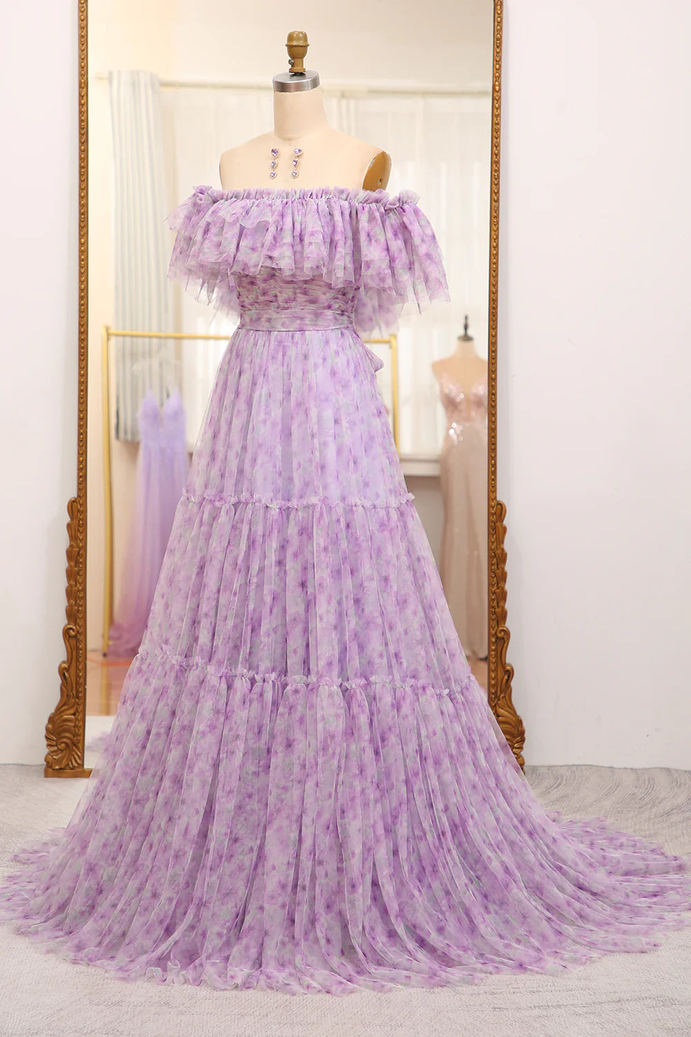 Amzcw Light Purple A Line Off the Shoulder Pleated Long Tulle Prom Dress prom dresses with long sleeves