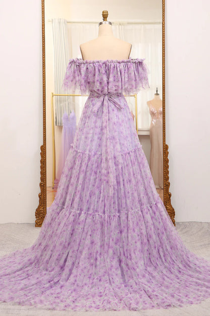 Amzcw Light Purple A Line Off the Shoulder Pleated Long Tulle Prom Dress prom dresses with long sleeves