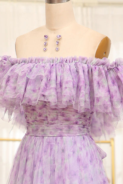 Amzcw Light Purple A Line Off the Shoulder Pleated Long Tulle Prom Dress prom dresses with long sleeves