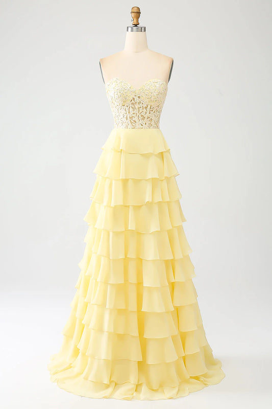 Amzcw Yellow A-Line Sweetheart Tiered Corset Long Prom Dress