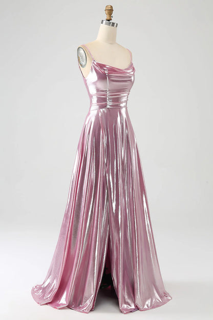 Amzcw Stunning A Line Spaghetti Straps Pink Long Prom Dress with Split Front prom dresses shops