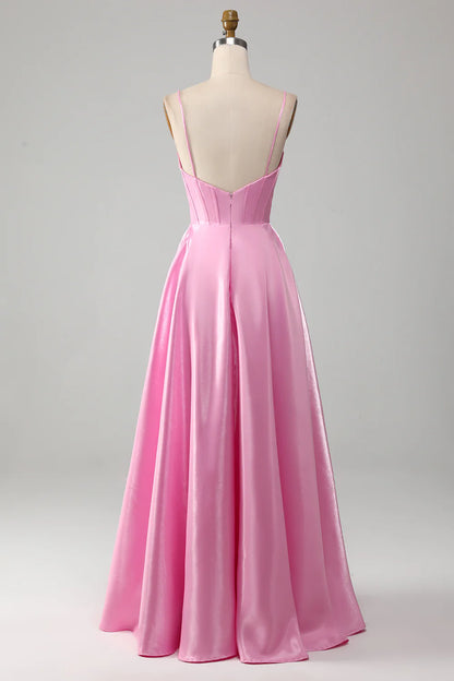 Amzcw Pink A-Line Spaghetti Straps Corset Long Prom Dress