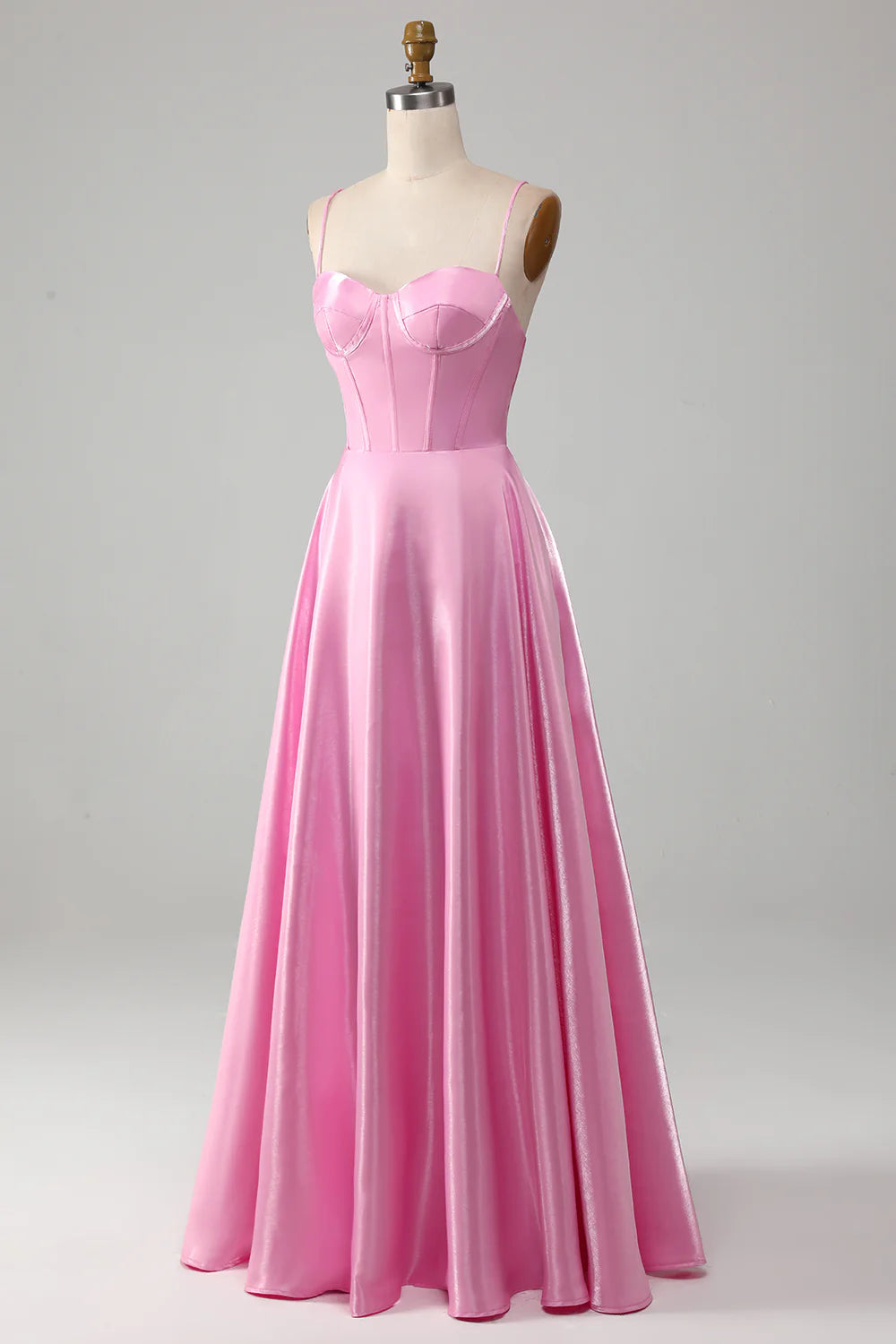 Amzcw Pink A-Line Spaghetti Straps Corset Long Prom Dress