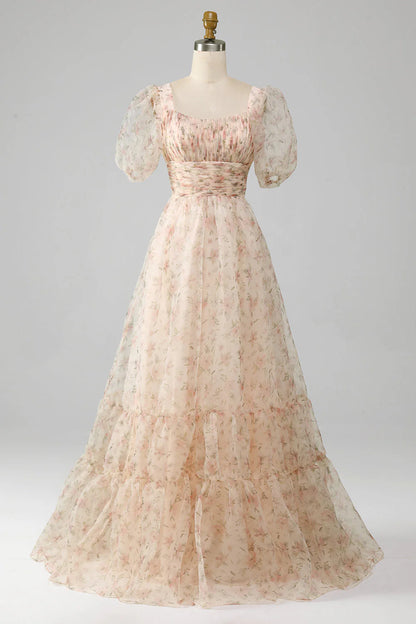 Amzcw A-Line Floral Print Pleated Tiered Champagne Prom Dress With Puff Sleeves