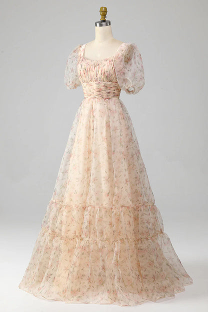 Amzcw A-Line Floral Print Pleated Tiered Champagne Prom Dress With Puff Sleeves