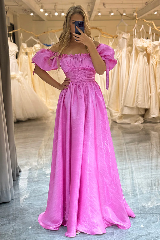 Amzcw A-Line Off The Shoulder Fuchsia Lace-Up Prom Dress With Puff Sleeves prom dresses with long sleeves