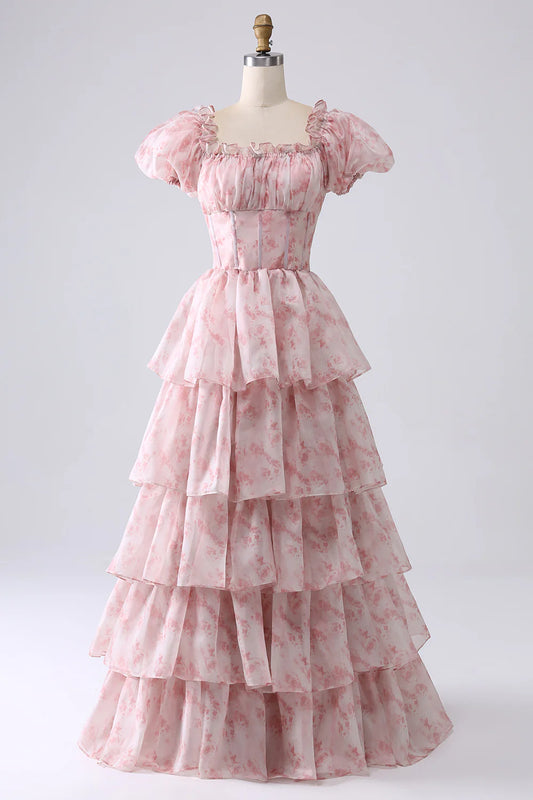 Amzcw Blush A-Line Tiered Corset Prom Dress With Puff Sleeves