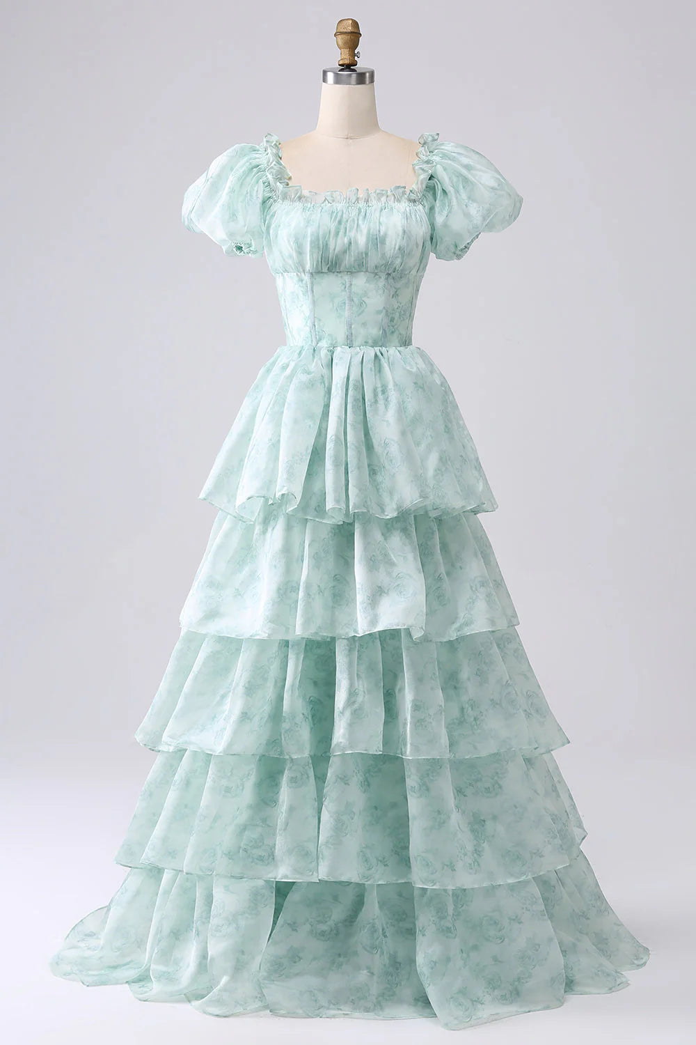 Amzcw Green A-Line Off The Shoulder Tiered Corset Prom Dress With Puff Sleeves