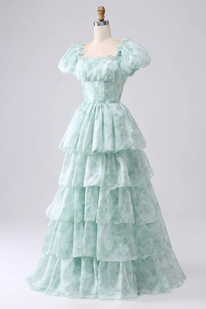 Amzcw Green A-Line Off The Shoulder Tiered Corset Prom Dress With Puff Sleeves