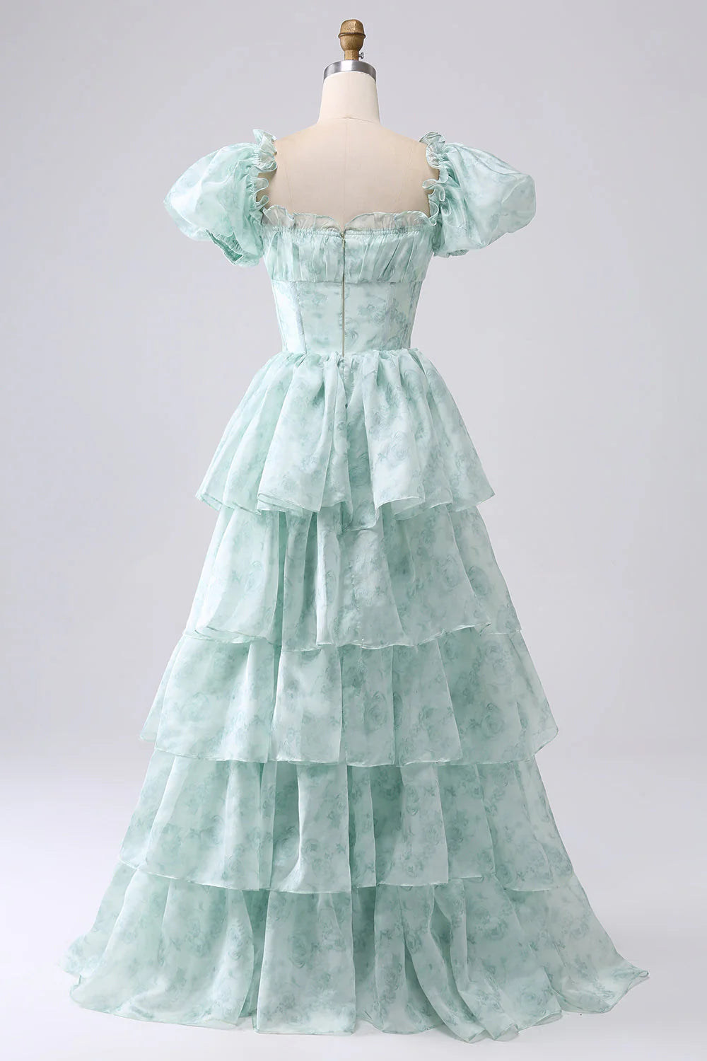 Amzcw Green A-Line Off The Shoulder Tiered Corset Prom Dress With Puff Sleeves