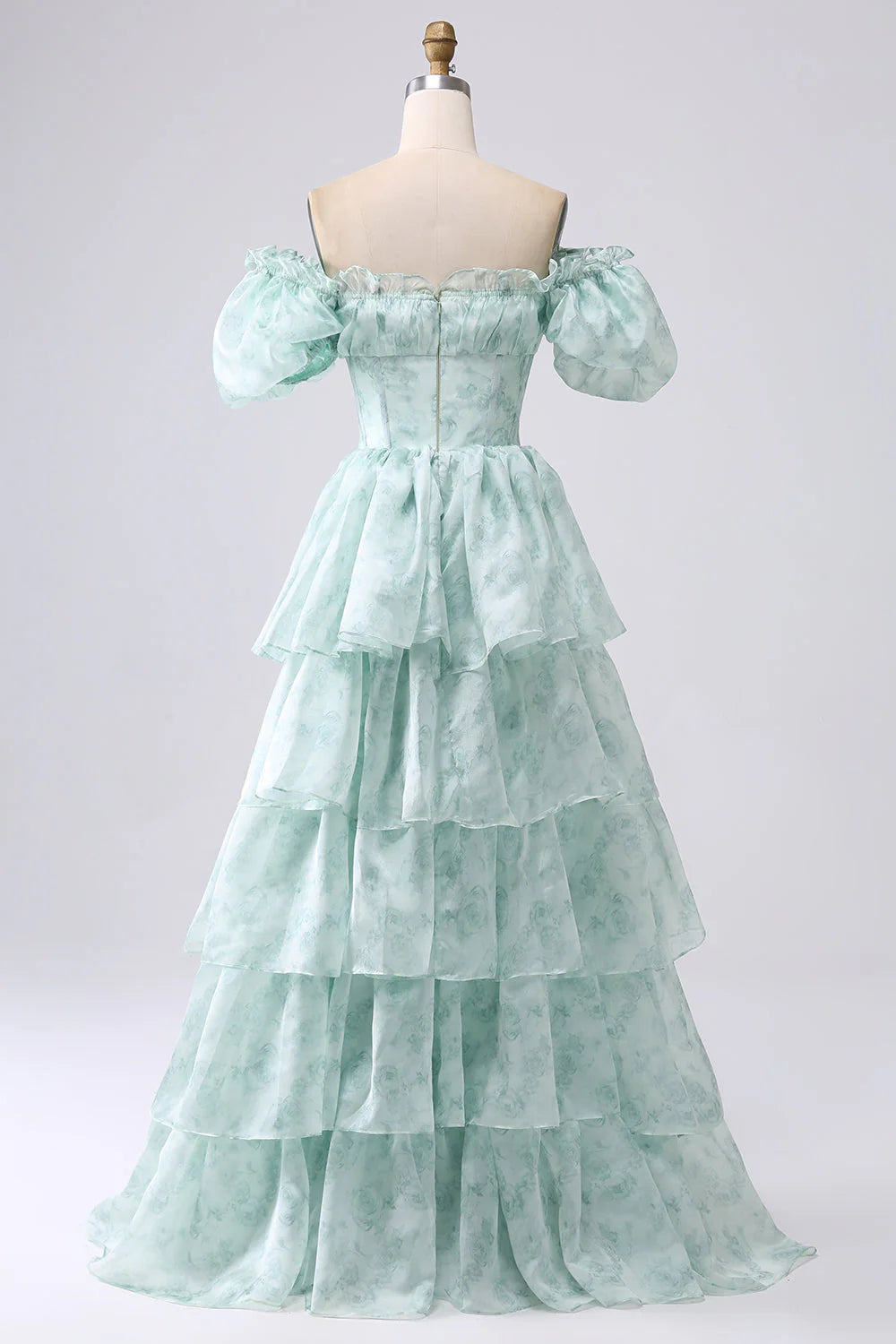 Amzcw Green A-Line Off The Shoulder Tiered Corset Prom Dress With Puff Sleeves