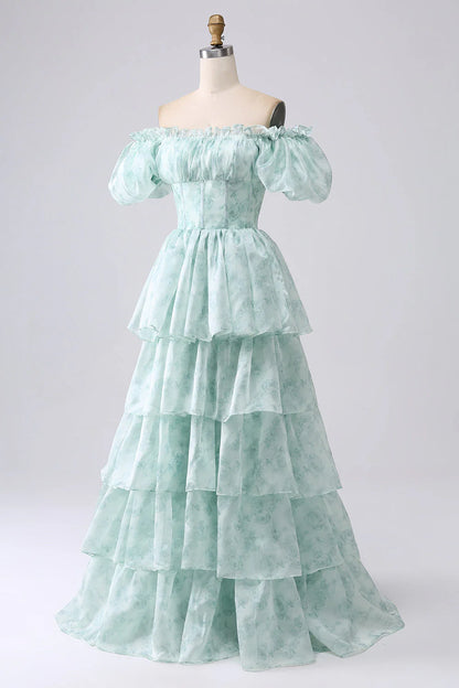 Amzcw Green A-Line Off The Shoulder Tiered Corset Prom Dress With Puff Sleeves