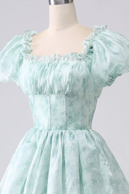 Amzcw Green A-Line Off The Shoulder Tiered Corset Prom Dress With Puff Sleeves