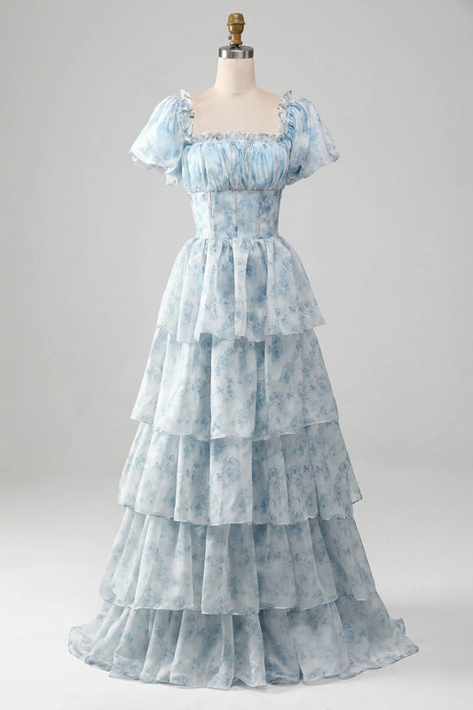 Amzcw Light Blue A-Line Tiered Corset Prom Dress With Puff Sleeves