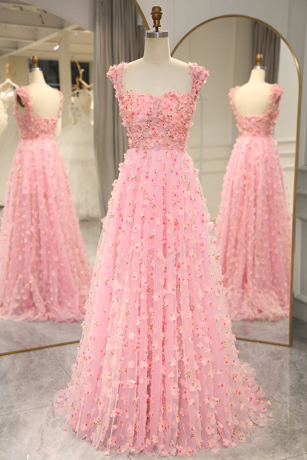 Amzcw Pink A-line Off The Shoulder Long Prom Dress with 3D Flowers