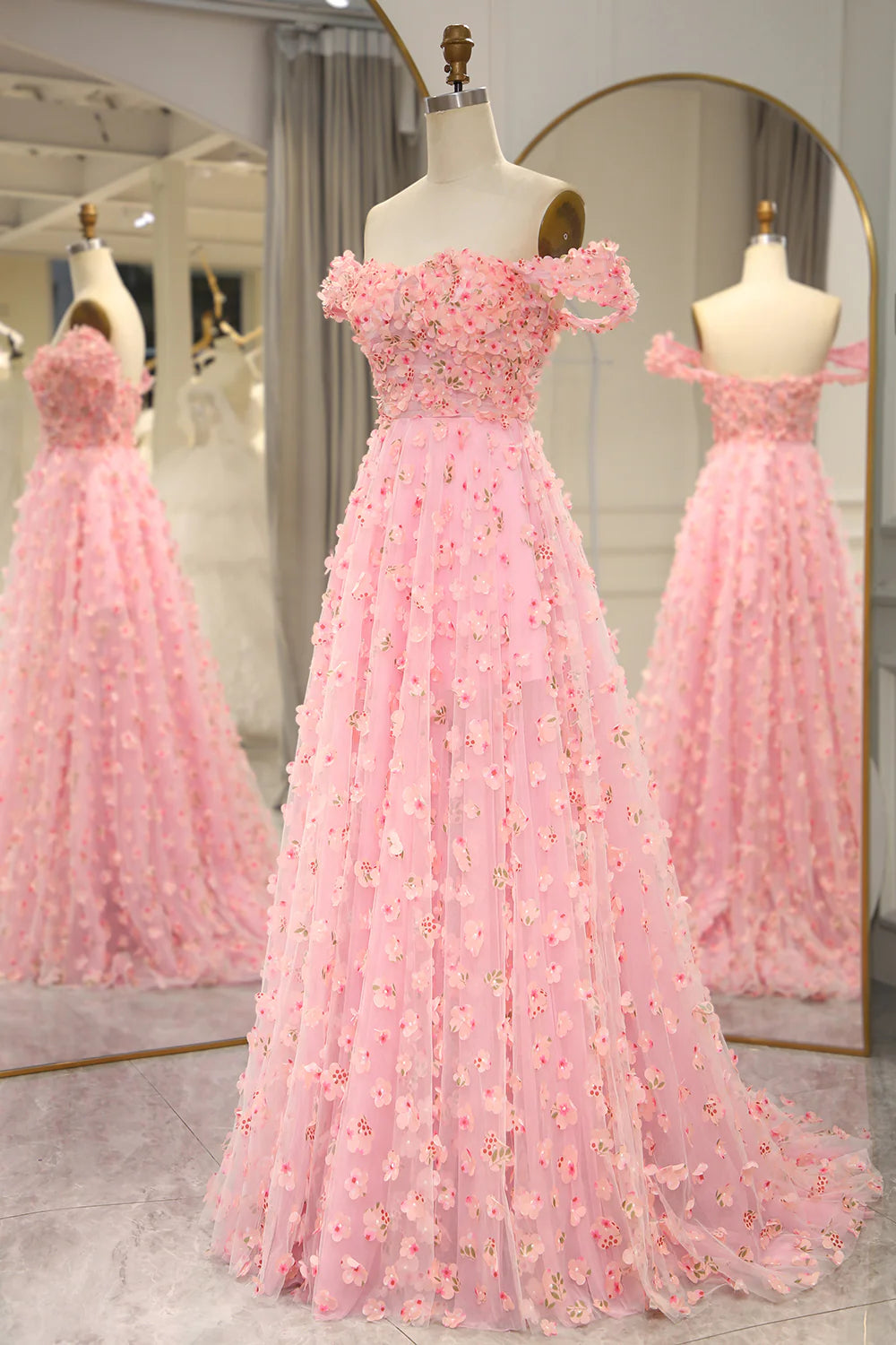 Amzcw Pink A-line Off The Shoulder Long Prom Dress with 3D Flowers