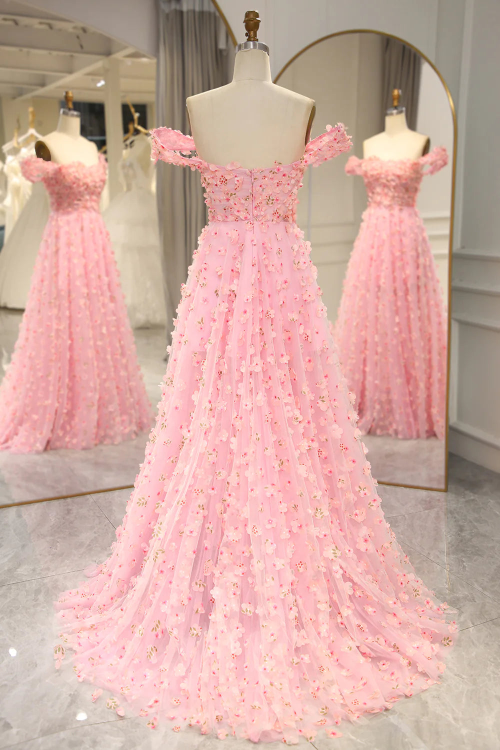 Amzcw Pink A-line Off The Shoulder Long Prom Dress with 3D Flowers