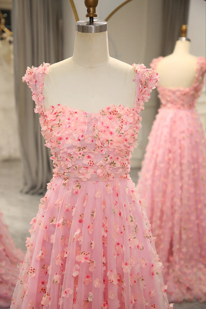 Amzcw Pink A-line Off The Shoulder Long Prom Dress with 3D Flowers