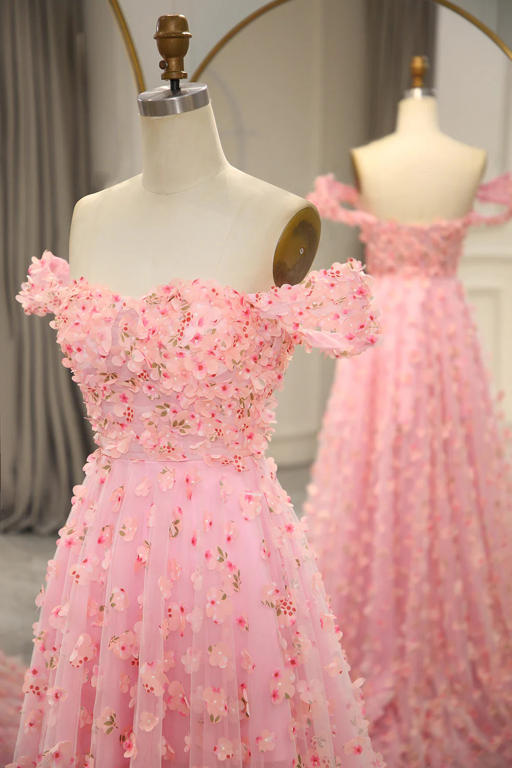 Amzcw Pink A-line Off The Shoulder Long Prom Dress with 3D Flowers