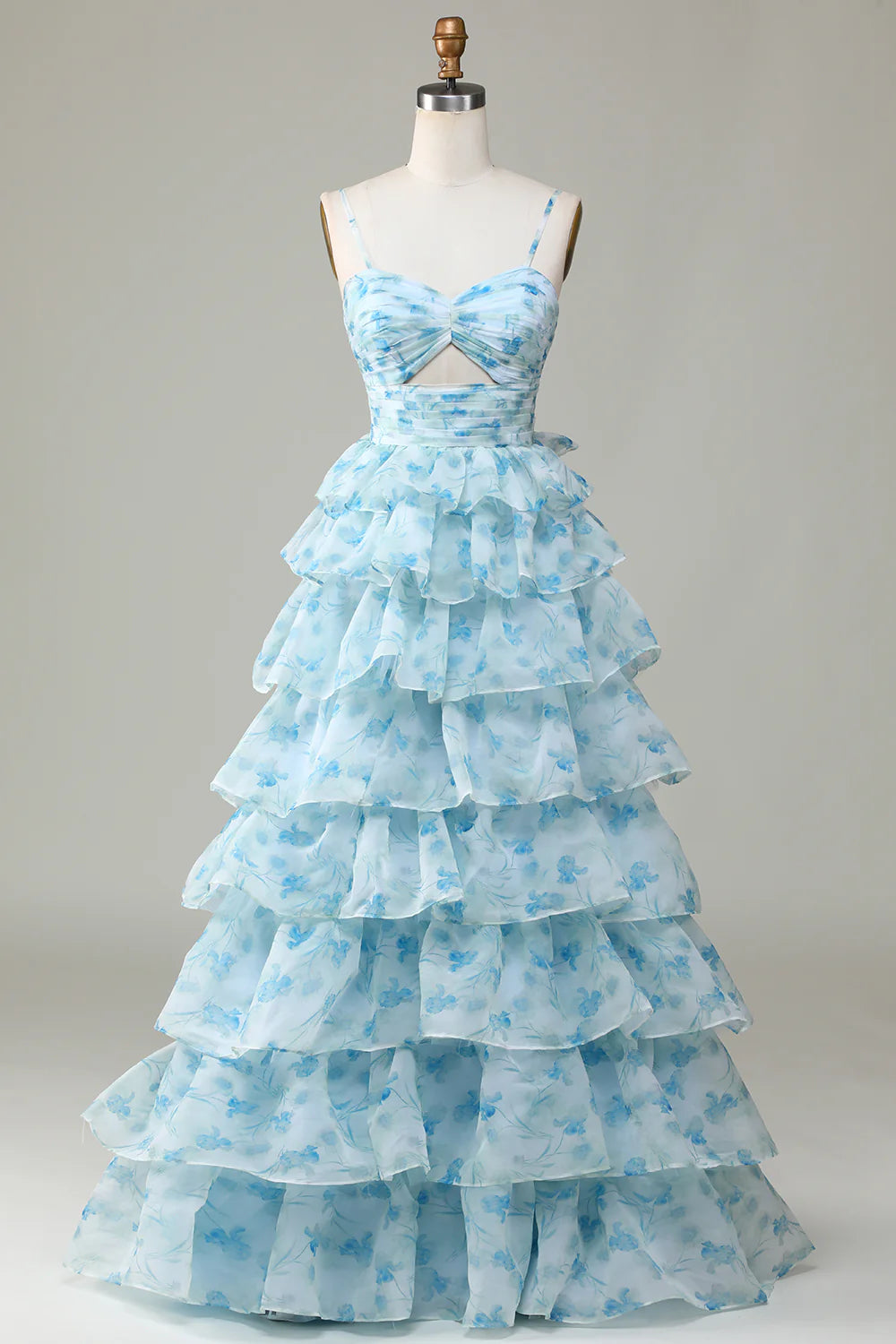 Amzcw A-Line Blue Flower Spaghetti Straps Tiered Floor Length Dress