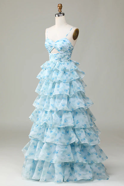 Amzcw A-Line Blue Flower Spaghetti Straps Tiered Floor Length Dress