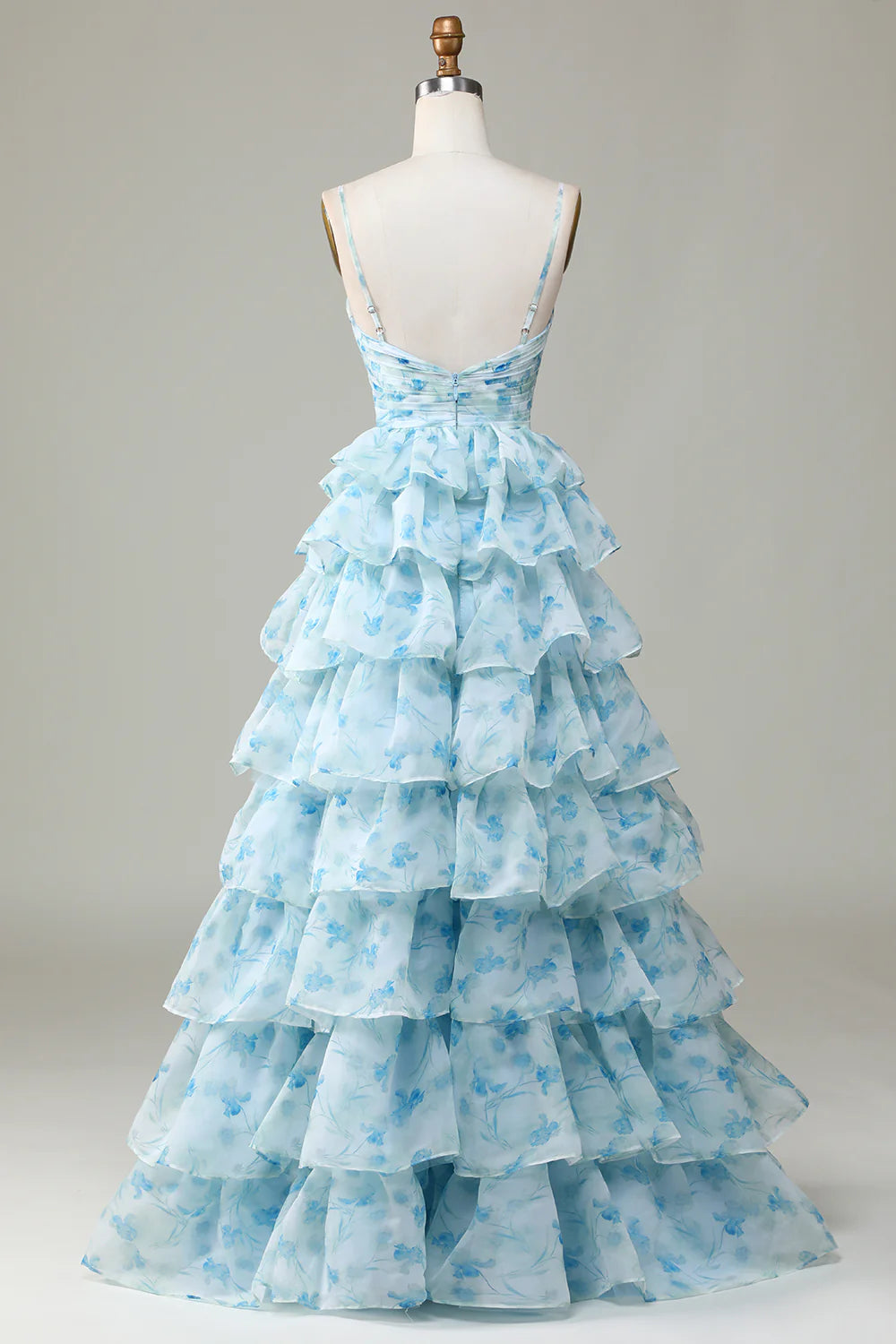 Amzcw A-Line Blue Flower Spaghetti Straps Tiered Floor Length Dress