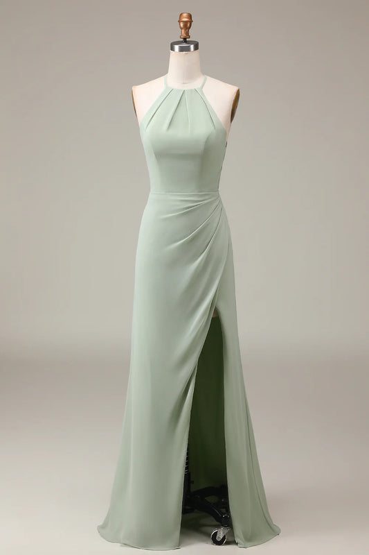 Amzcw Matcha Halter Neck Sheath Pleated Bridesmaid Dress with Slit