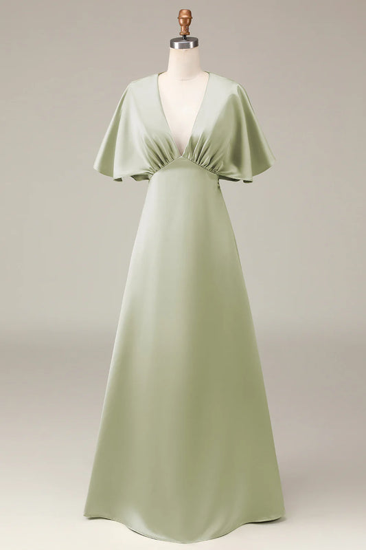 Amzcw Dusty Sage V-neck Short Sleeves A-line Satin Bridesmaid Dress