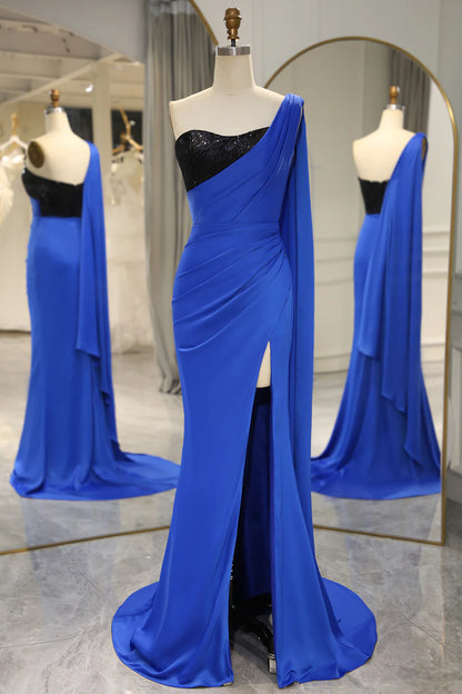 Amzcw Royal Blue Mermaid One Shoulder Sequined Prom Dress With Slit prom dresses with long sleeves