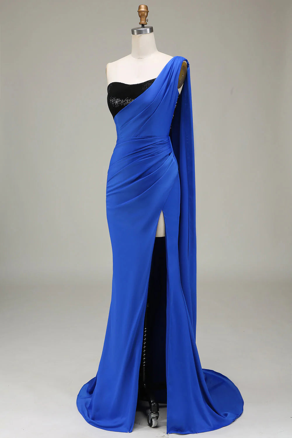 Amzcw Royal Blue One Shoulder Mermaid Sequin Pleated Prom Dress with Slit prom clothing