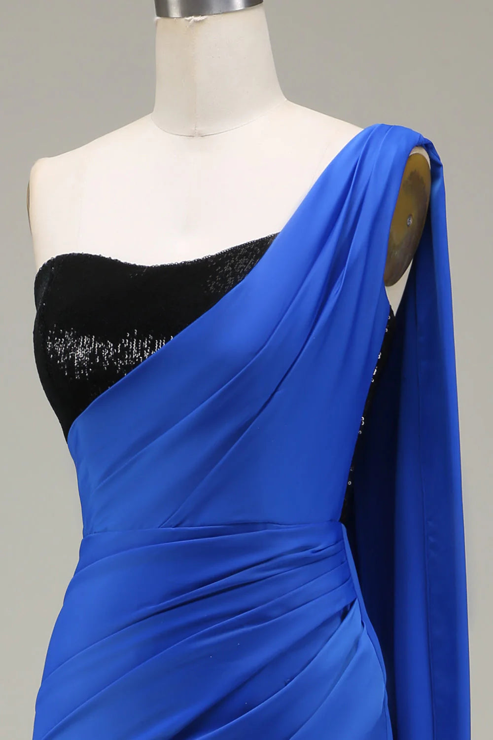 Amzcw Royal Blue One Shoulder Mermaid Sequin Pleated Prom Dress with Slit prom clothing