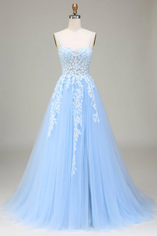 Amzcw Sky Blue A-Line Spaghetti Straps Tulle Prom Dress with Appliques prom dresses with long sleeves