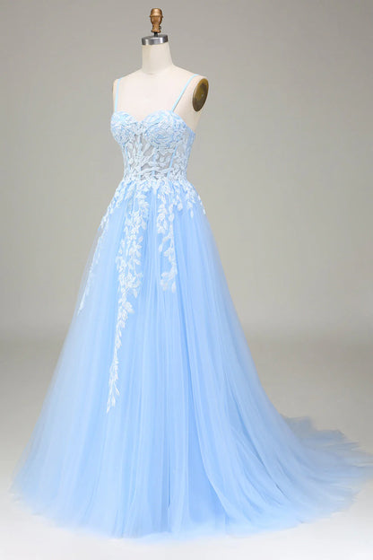 Amzcw Sky Blue A-Line Spaghetti Straps Tulle Prom Dress with Appliques prom dresses with long sleeves