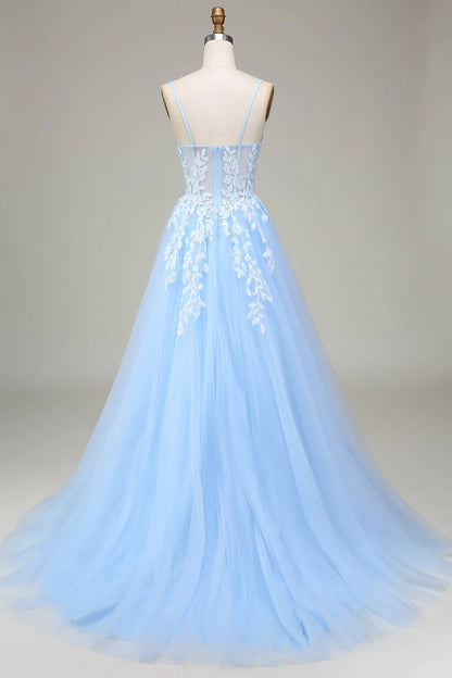 Amzcw Sky Blue A-Line Spaghetti Straps Tulle Prom Dress with Appliques prom dresses with long sleeves