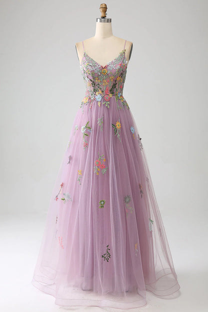 Amzcw Mauve A-Line Spaghetti Straps Tulle Long Prom Dress With Embroidery prom dresses shops