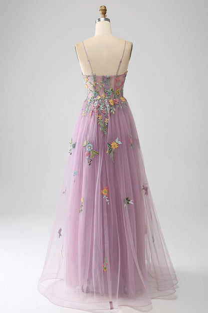 Amzcw Mauve A-Line Spaghetti Straps Tulle Long Prom Dress With Embroidery prom dresses shops